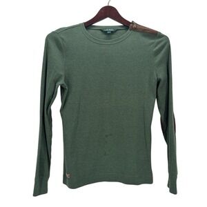 Lauren Ralph Lauren Green Long Sleeve Crew Neck Top Elbow Patches Womens L
